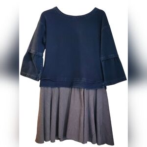 Navy Blue Denim Striped Dress Bell Sleeves Sz 10M Above Knee